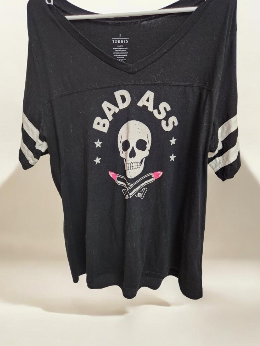 torrid Black Short Sleeve 'Bad Ass' Skull Tee with Pink Lipstick Accent